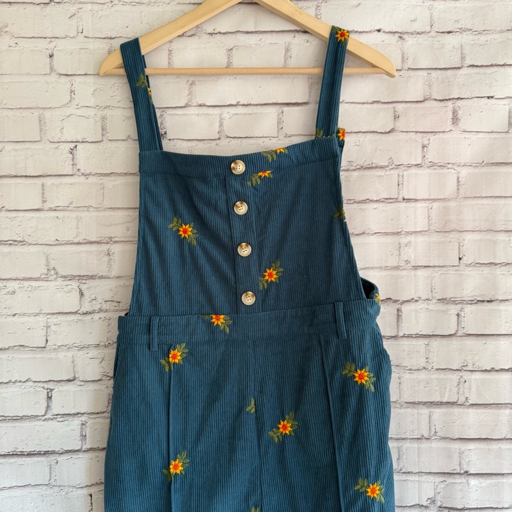 Cider Teal Corduroy Floral Button-Front Jumpsuit Romper
